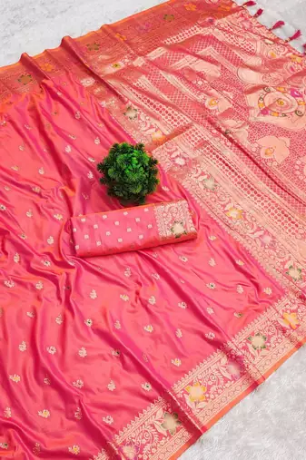 Pink soft silk blend saree with zari weaving meenakari design