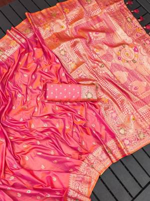 Pink soft silk blend saree with zari weaving meenakari design 2