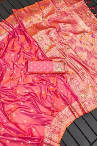 Pink soft silk blend saree with zari weaving meenakari design