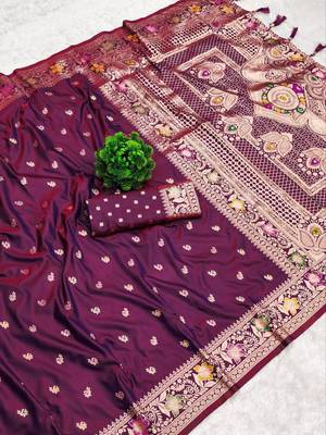 Wine soft banarasi silk saree with zari weaving meenakari design 1