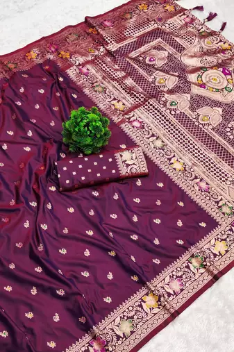 Wine soft banarasi silk saree with zari weaving meenakari design