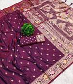 Wine soft banarasi silk saree with zari weaving meenakari design