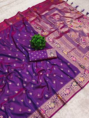 Violet soft banarasi silk saree with zari weaving meenakari design 1