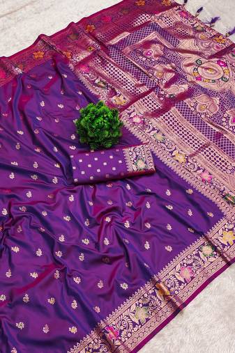 Violet soft banarasi silk saree with zari weaving meenakari design