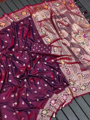 Wine soft banarasi silk saree with zari weaving meenakari design 2