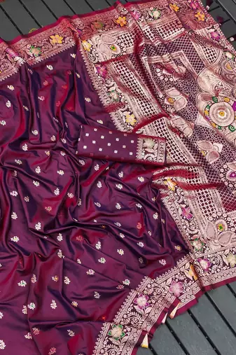 Wine soft banarasi silk saree with zari weaving meenakari design
