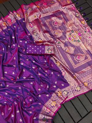 Violet soft banarasi silk saree with zari weaving meenakari design 2