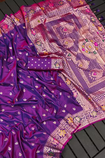 Violet soft banarasi silk saree with zari weaving meenakari design