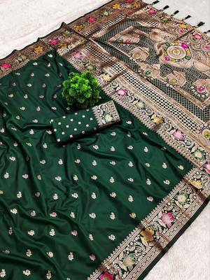 Green soft silk blend saree with zari weaving meenakari design 1