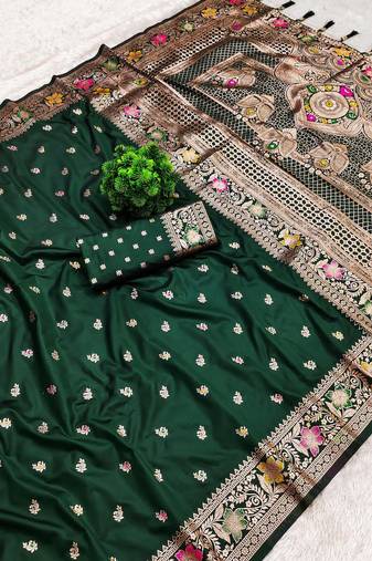 Green soft silk blend saree with zari weaving meenakari design