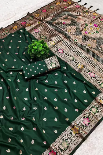 Green soft silk blend saree with zari weaving meenakari design
