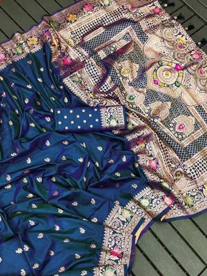 Teal blue soft silk blend saree with zari weaving meenakari design 1