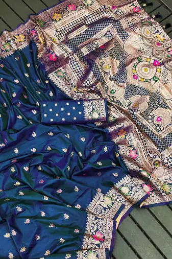 Teal blue soft silk blend saree with zari weaving meenakari design