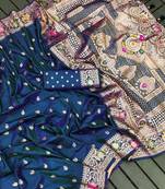 Teal blue soft silk blend saree with zari weaving meenakari design