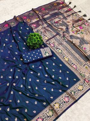 Teal blue soft silk blend saree with zari weaving meenakari design 2