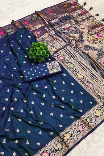 Teal blue soft silk blend saree with zari weaving meenakari design