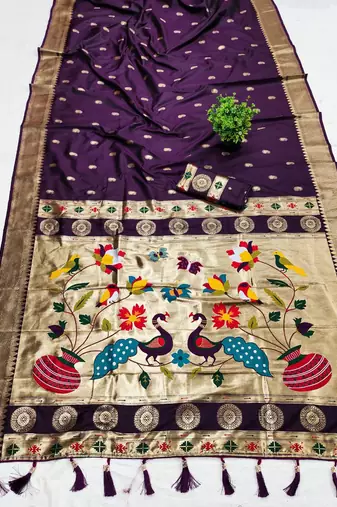 Wine faux banarasi silk saree with paithani rich weaved pallu and blouse