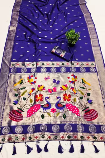 Blue  faux banarasi silk saree with paithani rich weaved pallu and blouse