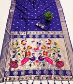 Blue  faux banarasi silk saree with paithani rich weaved pallu and blouse