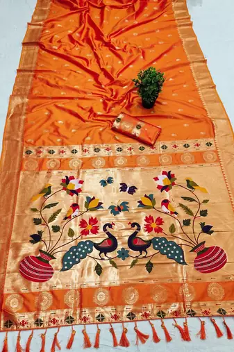 Orange faux banarasi silk saree with paithani rich weaved pallu and blouse