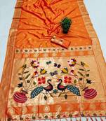 Orange faux banarasi silk saree with paithani rich weaved pallu and blouse