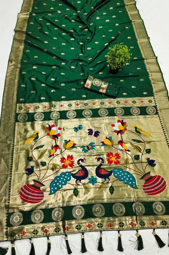 Green  faux banarasi silk saree with paithani rich weaved pallu and blouse