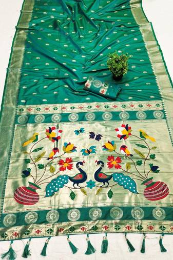Sea green  faux banarasi silk saree with paithani rich weaved pallu and blouse