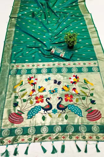 Sea green  faux banarasi silk saree with paithani rich weaved pallu and blouse