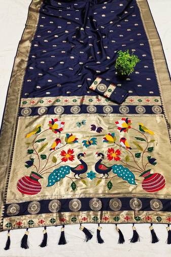 Blue  faux banarasi silk saree with paithani rich weaved pallu and blouse
