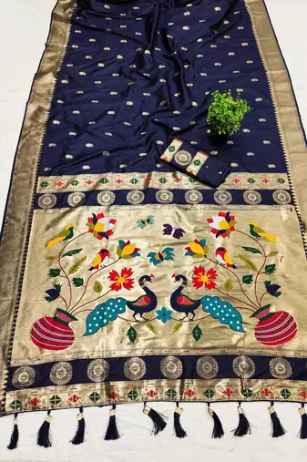 Blue  faux banarasi silk saree with paithani rich weaved pallu and blouse