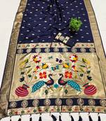 Blue  faux banarasi silk saree with paithani rich weaved pallu and blouse