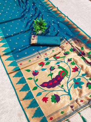 Sky blue color faux banarasi silk saree with paithani rich weaved pallu and blouse 1