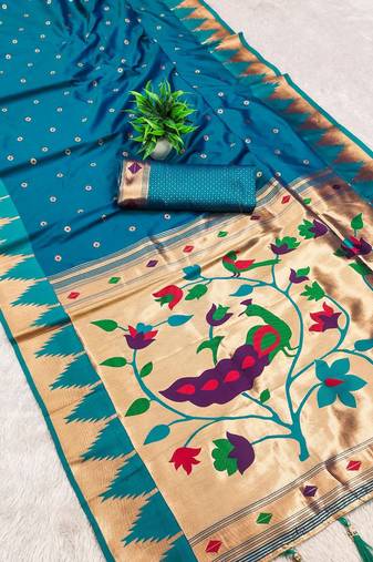 Sky blue color faux banarasi silk saree with paithani rich weaved pallu and blouse