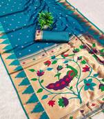 Sky blue color faux banarasi silk saree with paithani rich weaved pallu and blouse