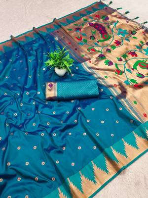 Sky blue color faux banarasi silk saree with paithani rich weaved pallu and blouse 2