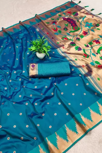 Sky blue color faux banarasi silk saree with paithani rich weaved pallu and blouse