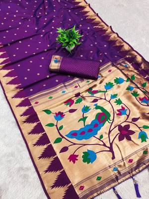 Magenta color faux banarasi silk saree with paithani rich weaved pallu and blouse 1