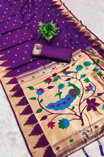 Magenta color faux banarasi silk saree with paithani rich weaved pallu and blouse