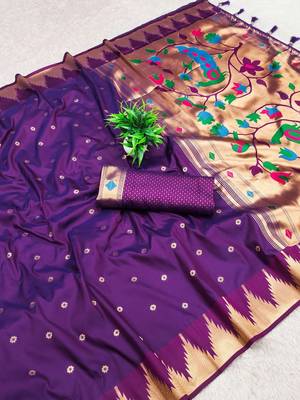Magenta color faux banarasi silk saree with paithani rich weaved pallu and blouse 2