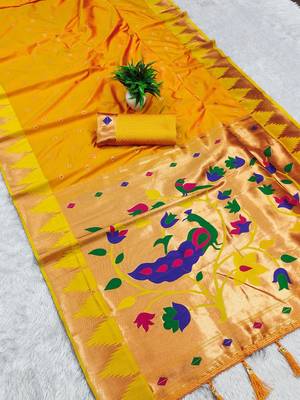 Yellow color faux banarasi silk saree with paithani rich weaved pallu and blouse 1