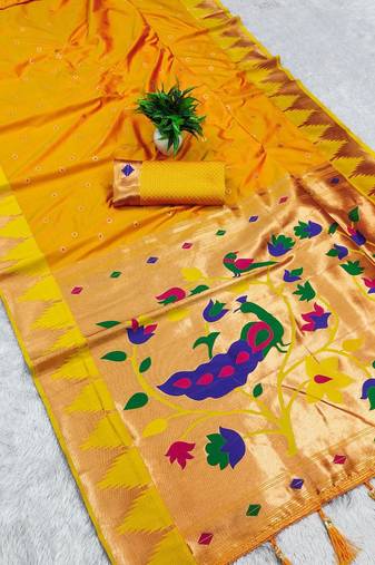 Yellow color faux banarasi silk saree with paithani rich weaved pallu and blouse