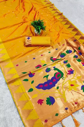 Yellow color faux banarasi silk saree with paithani rich weaved pallu and blouse