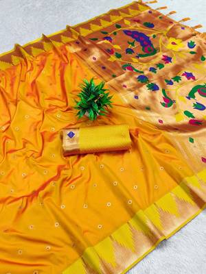 Yellow color faux banarasi silk saree with paithani rich weaved pallu and blouse 2
