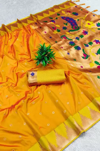 Yellow color faux banarasi silk saree with paithani rich weaved pallu and blouse