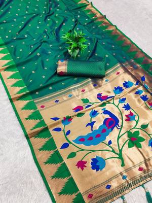 Rama color faux banarasi silk saree with paithani rich weaved pallu and blouse 1