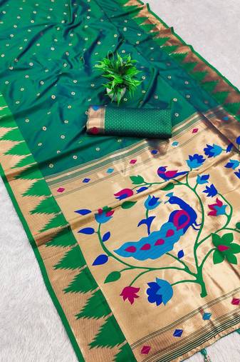 Rama color faux banarasi silk saree with paithani rich weaved pallu and blouse