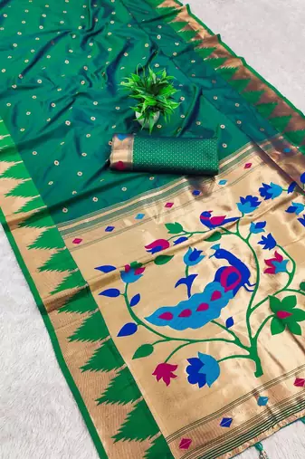 Rama color faux banarasi silk saree with paithani rich weaved pallu and blouse