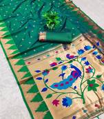 Rama color faux banarasi silk saree with paithani rich weaved pallu and blouse