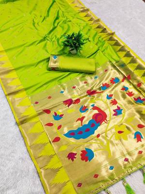 Parrot green color faux banarasi silk saree with paithani rich weaved pallu and blouse 1