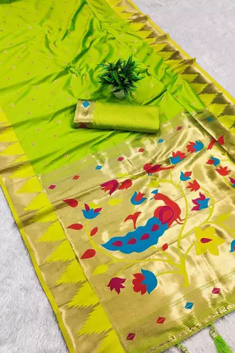 Parrot green color faux banarasi silk saree with paithani rich weaved pallu and blouse
